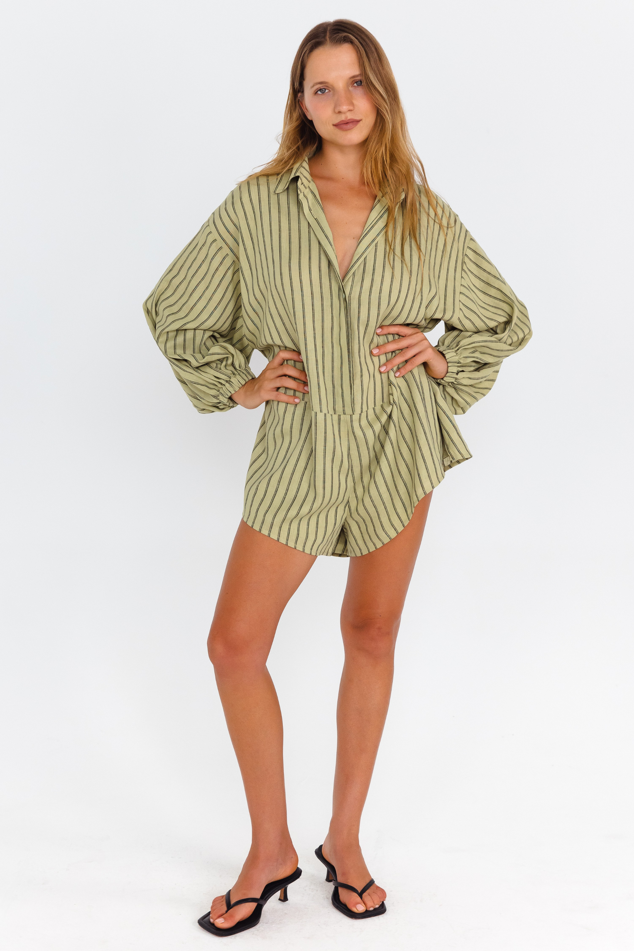 Kiwi green black pinstripe oversized playsuit with balloon sleeves – front view