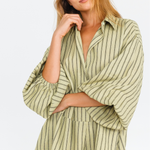 Kiwi green black pinstripe oversized playsuit with balloon sleeves – front view - close up