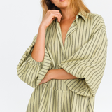 Kiwi green black pinstripe oversized playsuit with balloon sleeves – front view - close up