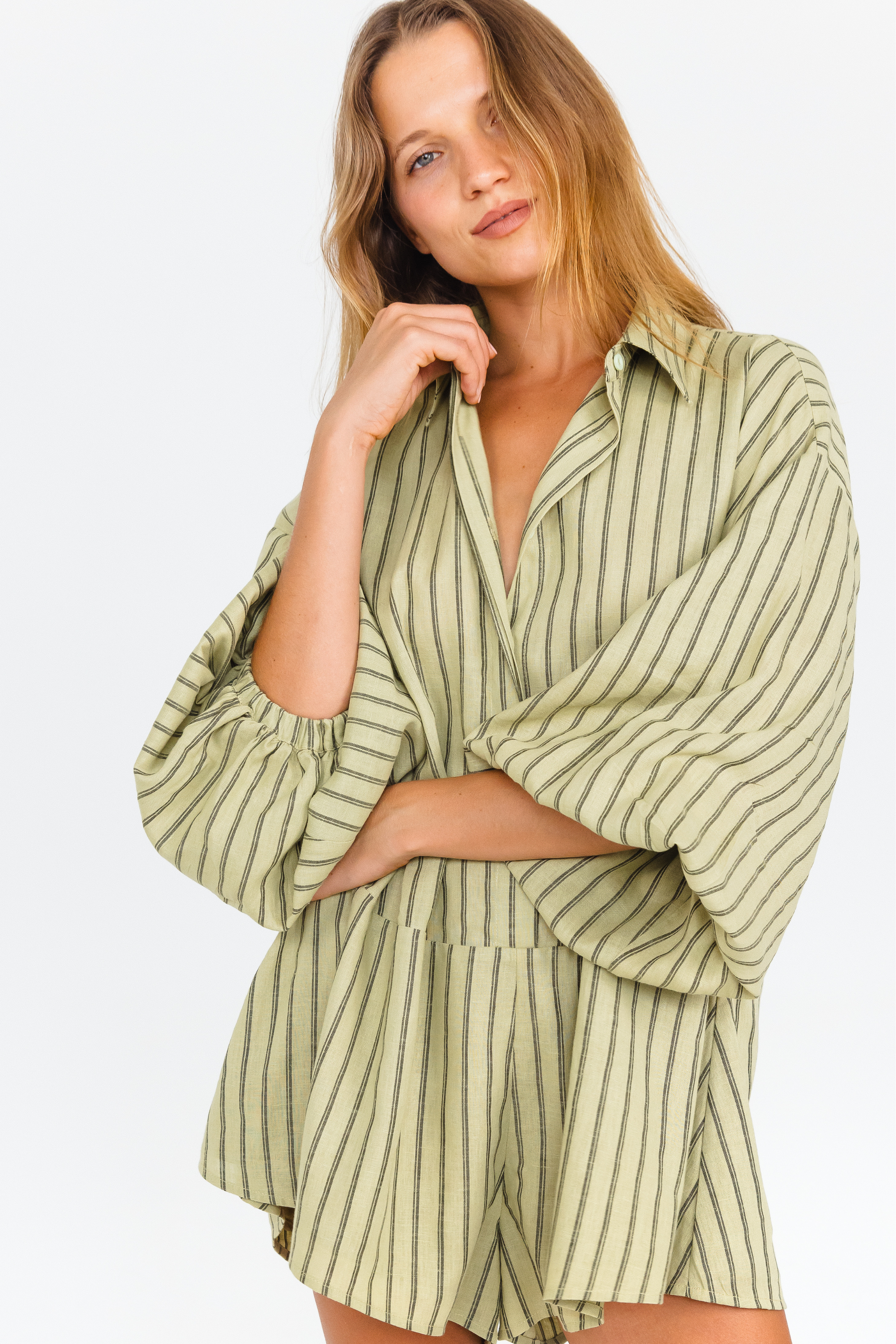 Kiwi green black pinstripe oversized playsuit with balloon sleeves – front view - close up