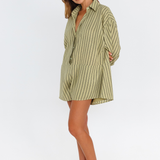 Kiwi green black pinstripe oversized playsuit with balloon sleeves – side view