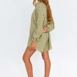 Kiwi green black pinstripe oversized playsuit with balloon sleeves – side view