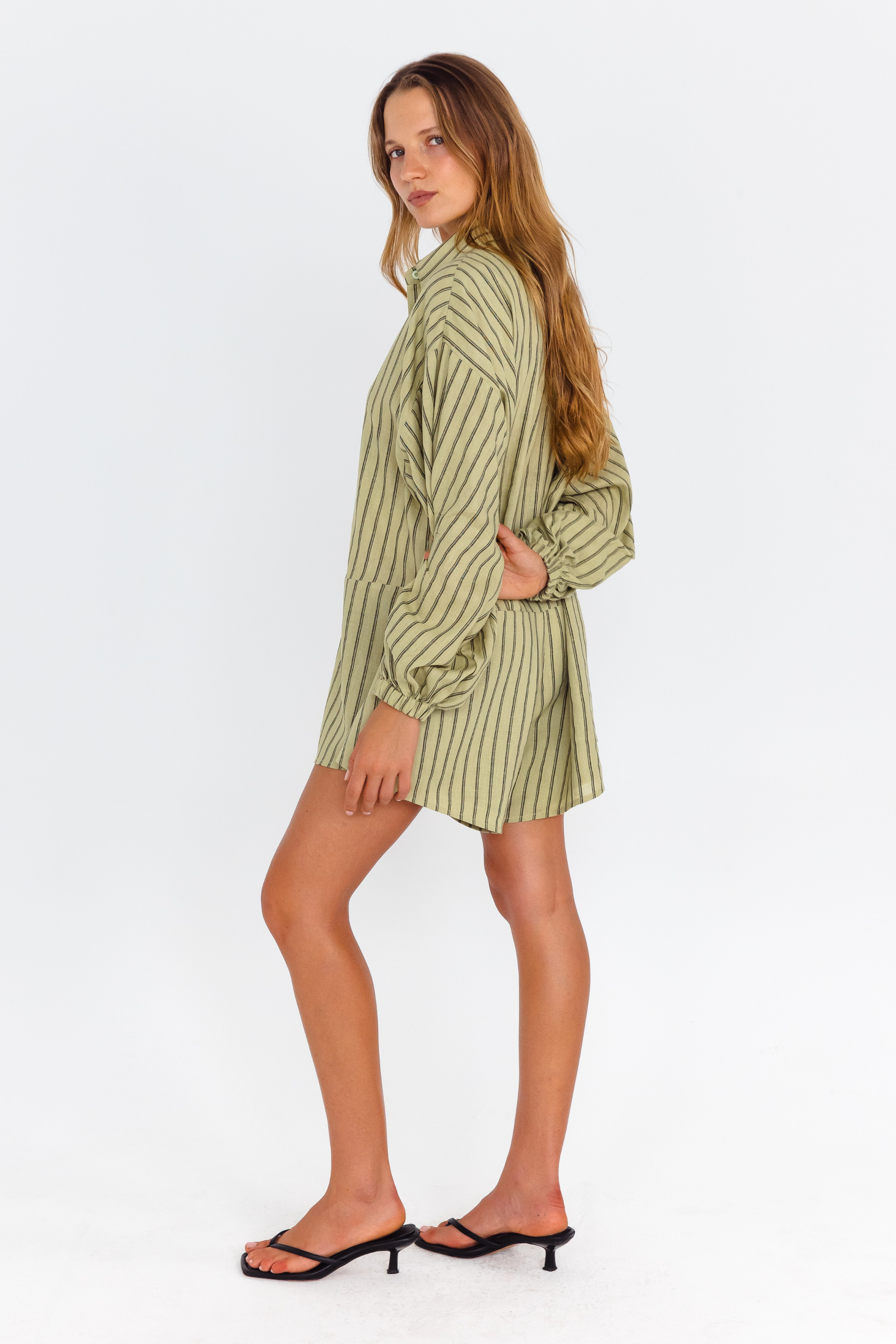 Kiwi green black pinstripe oversized playsuit with balloon sleeves – side view