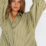 Kiwi green black pinstripe oversized playsuit with balloon sleeves – front view - close up fabric