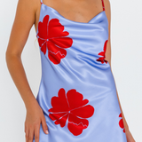 Hibiscus Haze lilac floral cowl neck dress – front view - close up