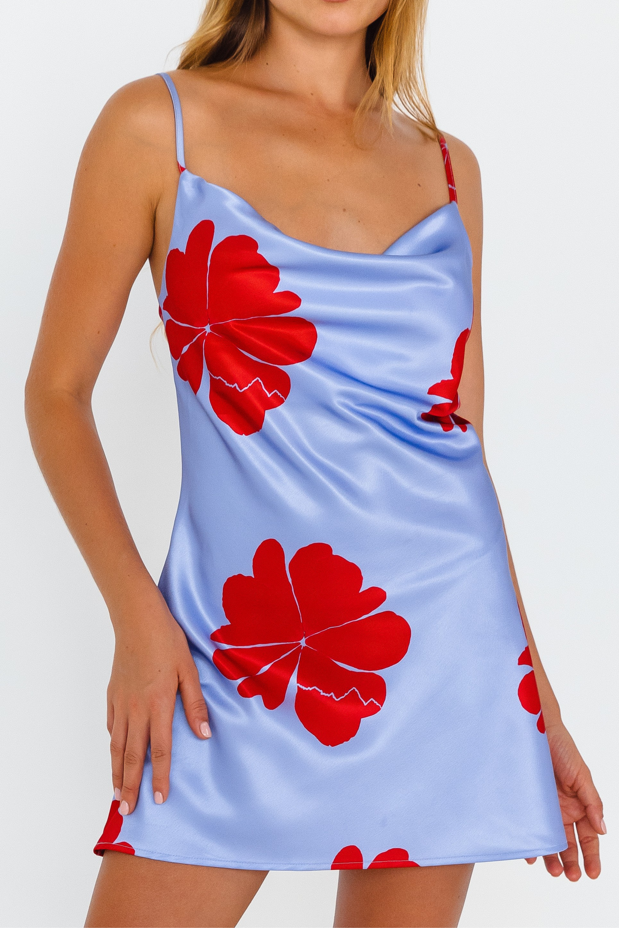 Hibiscus Haze lilac floral cowl neck dress – front view - close up