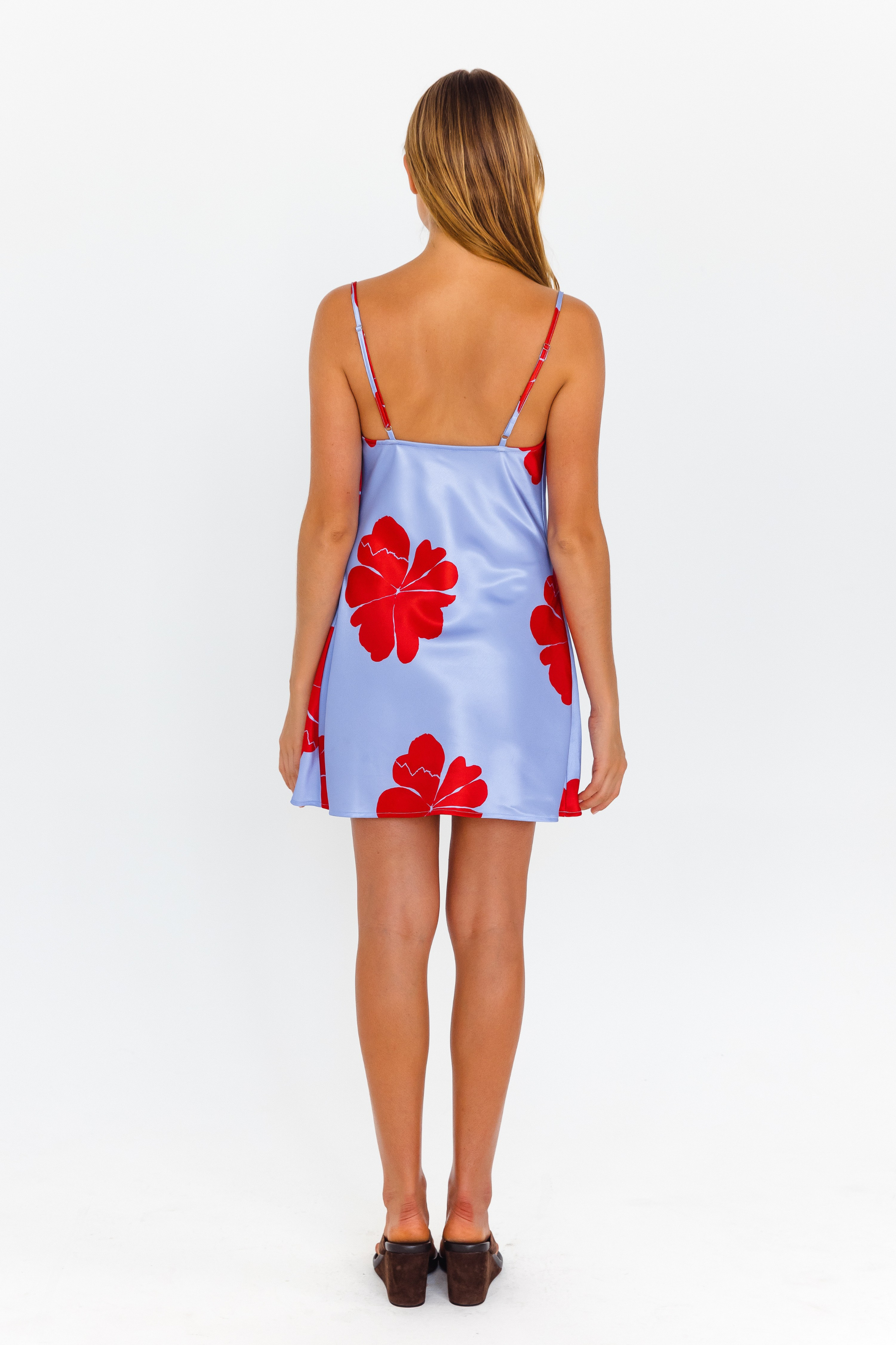 Hibiscus Haze lilac floral dress with adjustable straps – back view