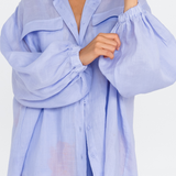 Oversized Lilac long sleeve button-up shirt with balloon sleeves – front view - close up