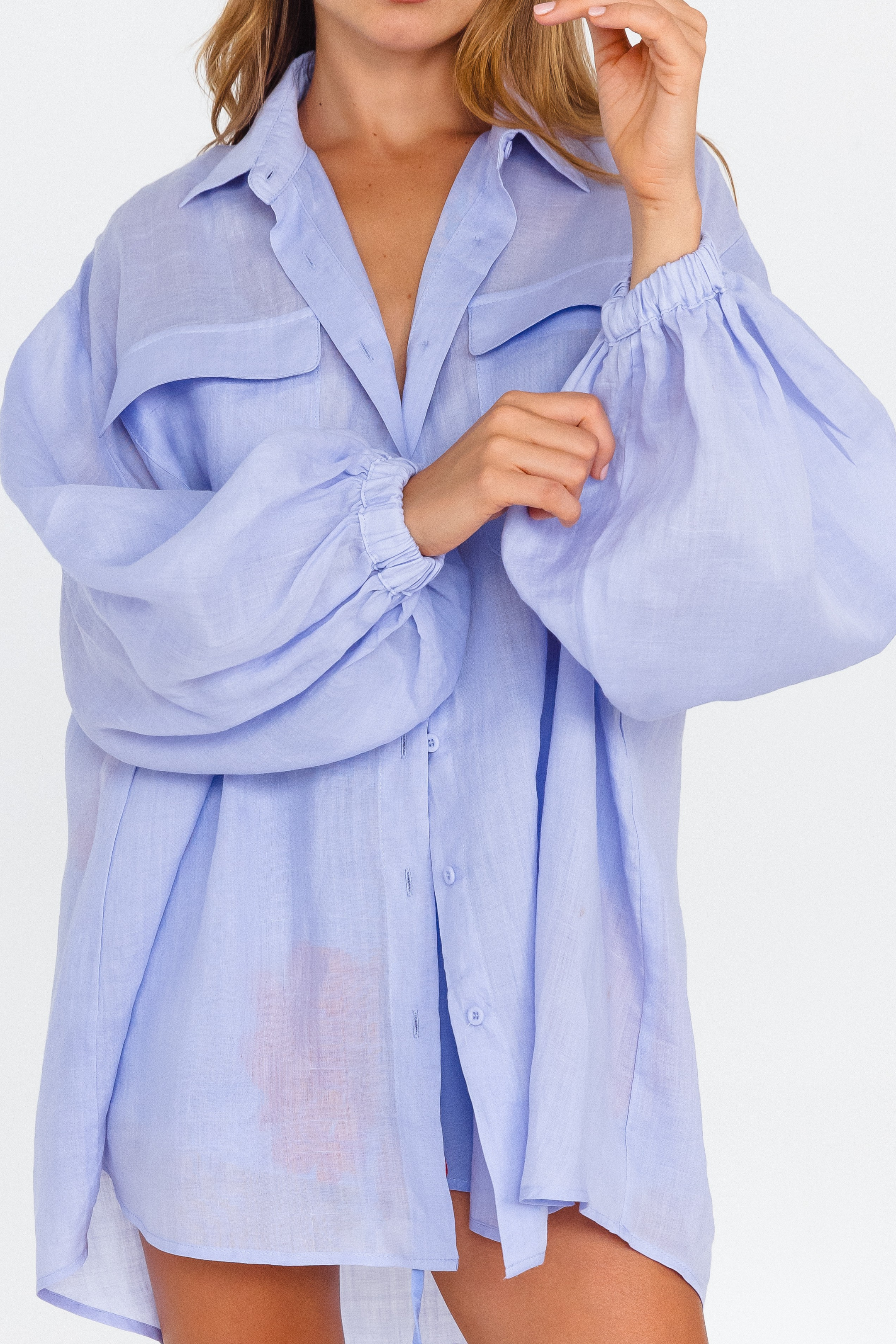 Oversized Lilac long sleeve button-up shirt with balloon sleeves – front view - close up
