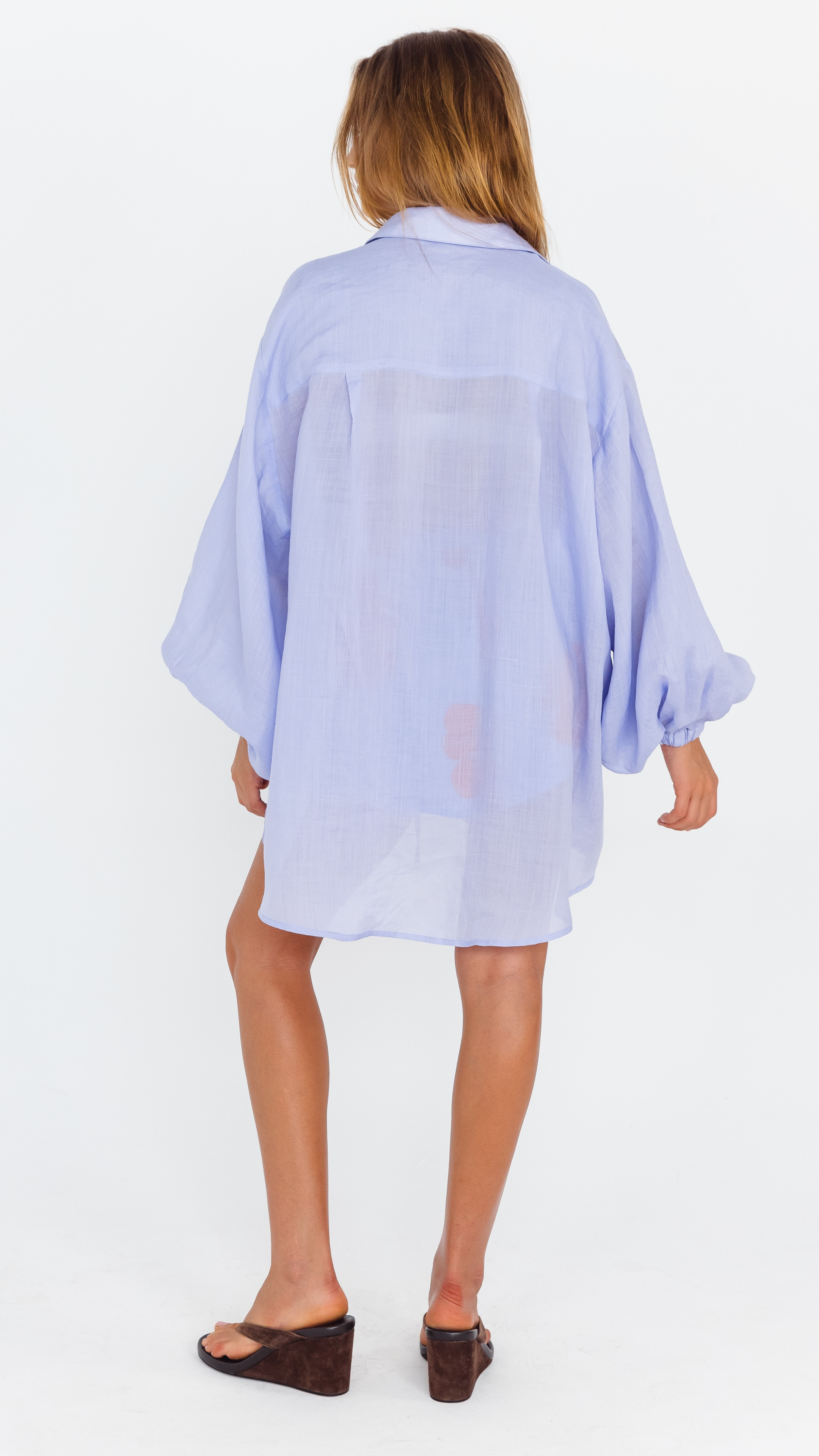 Oversized Lilac long sleeve button-up shirt with scooped back hem – back view