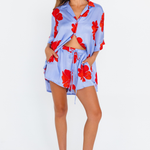 Lilac floral shorts with ruby hibiscus print and drawstring waist – front view