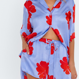 Hibiscus Haze lilac floral shorts with side pockets – front view - close up