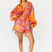 Sheer ramie pink and orange graphic print long sleeve oversized shirt with balloon elastic cuffs – front view