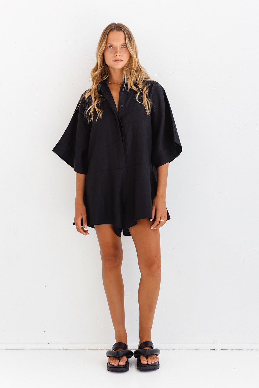 by CW RAE PLAYSUIT BLACK LINEN COCOWILLOW